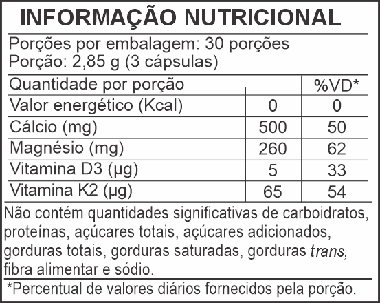 Informação Nutricional - CÁLCIO, MAGNÉSIO, VITAMINA D3, VITAMINA K2